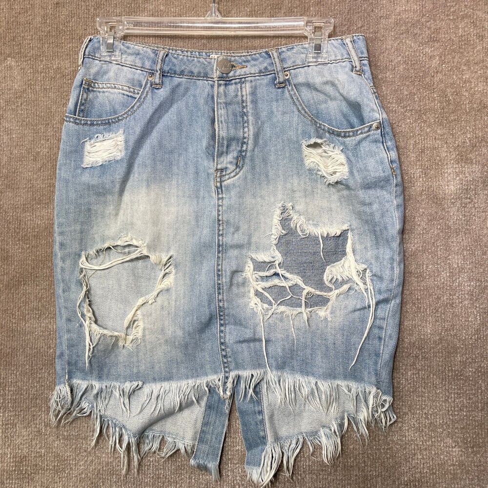 Vintage Havana Denim Skirt Womens 26 Distressed Y2K Grunge Boho Festival RawHem